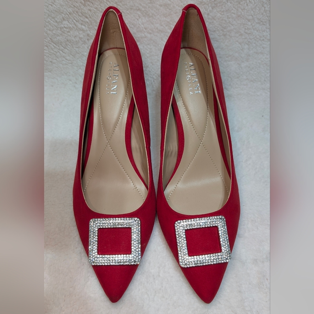 Alfani Womens 9.5 Faux Suede Heels Pointed Toe Red Pumps Silver Sparkle Buckle
